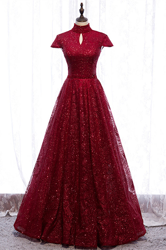 Red A-line High Neck Cap Sleeves Cut-Out Sparkle-Embroidered Maxi Formal Dress