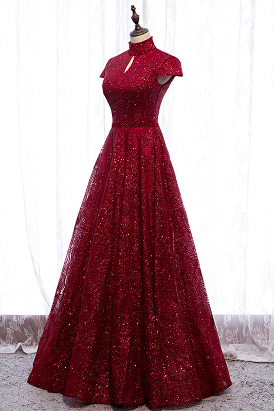 Red A-line High Neck Cap Sleeves Cut-Out Sparkle-Embroidered Maxi Formal Dress