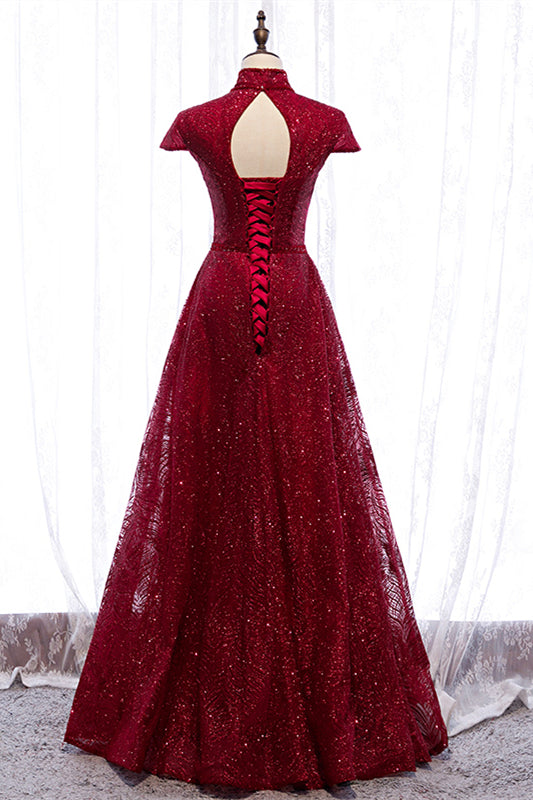 Red A-line High Neck Cap Sleeves Cut-Out Sparkle-Embroidered Maxi Formal Dress