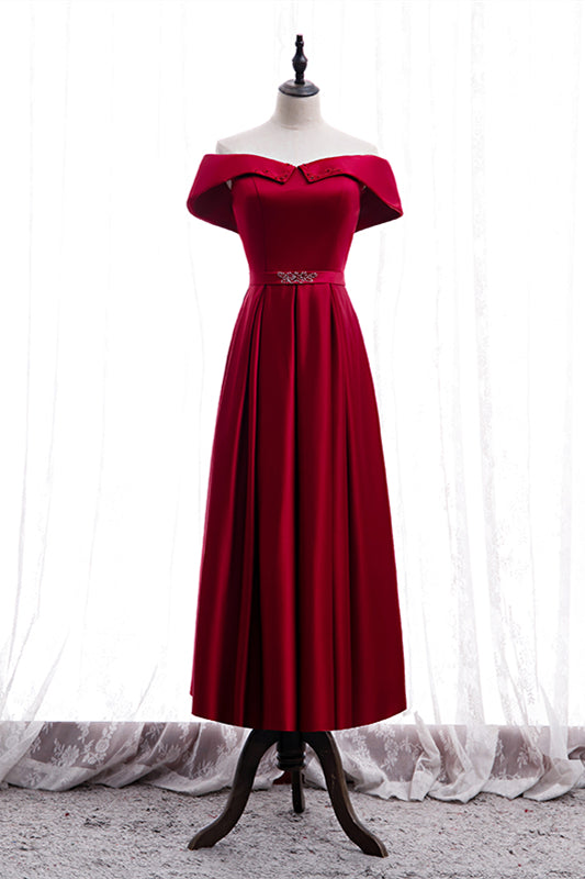 Red A-line Fold Off-the-Shoulder Beaded Tea Length Formal Dress