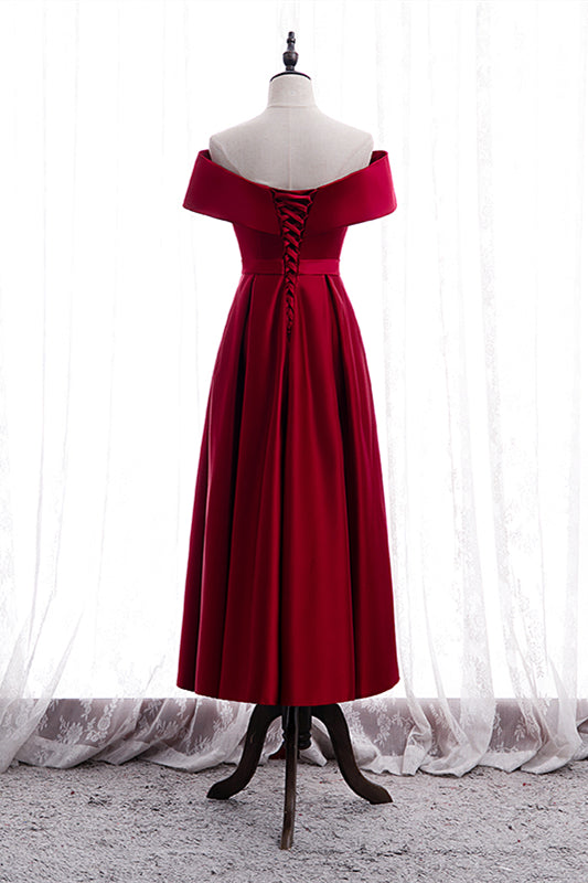 Red A-line Fold Off-the-Shoulder Beaded Tea Length Formal Dress