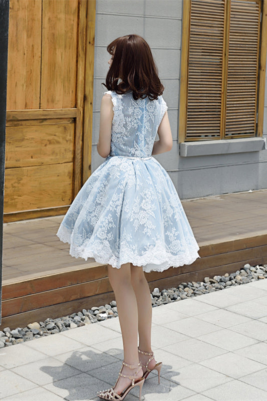 Light Blue Bow Tie High Neck Flutter Sleeves Lace Homecoming Dress