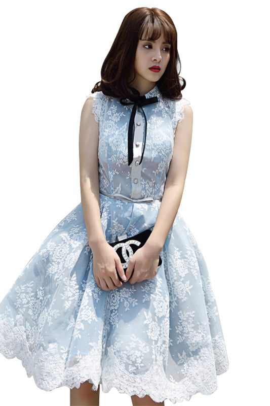 Light Blue Bow Tie High Neck Flutter Sleeves Lace Homecoming Dress