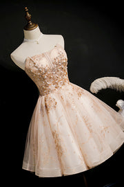 Champagne Strapless Sparkly Appliques Tulle Homecoming Dress