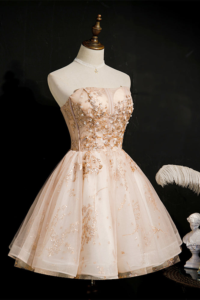 Champagne Strapless Sparkly Appliques Tulle Homecoming Dress