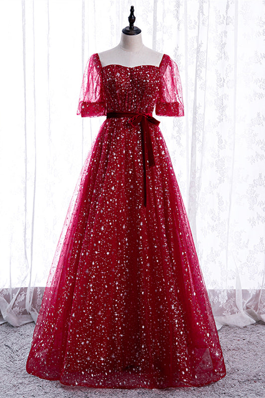Red Sweetheart Illusion Sleeves Sparkly Prints Maxi Formal Dress with Sash