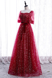 Red Sweetheart Illusion Sleeves Sparkly Prints Maxi Formal Dress with Sash