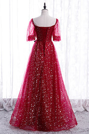 Red Sweetheart Illusion Sleeves Sparkly Prints Maxi Formal Dress with Sash