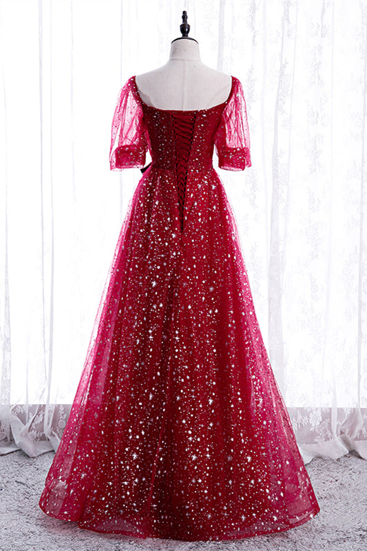 Red Sweetheart Illusion Sleeves Sparkly Prints Maxi Formal Dress with Sash