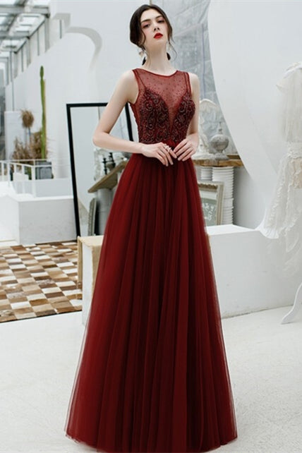 Scoop A-line Wine Red Tulle Long Formal Dress