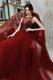 Scoop A-line Wine Red Tulle Long Formal Dress