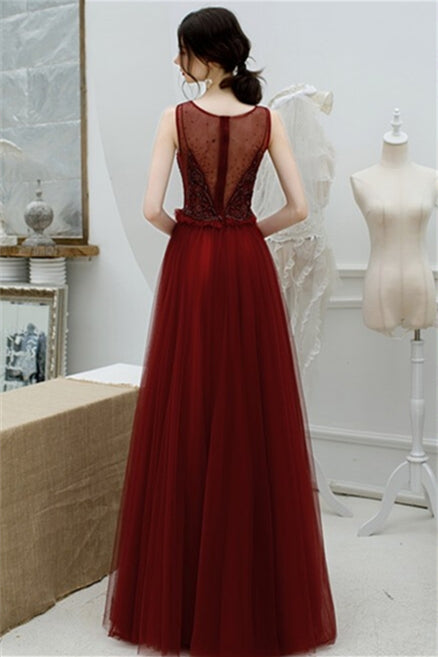 Scoop A-line Wine Red Tulle Long Formal Dress