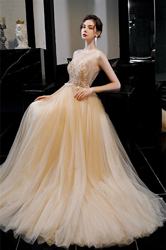 Scoop Champagne A-line Long Formal Dress