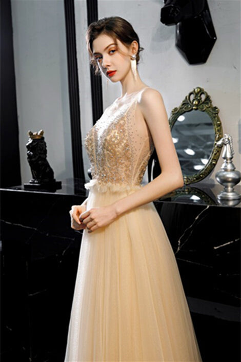 Scoop Champagne A-line Long Formal Dress