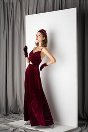 Sexy Straps Burgundy Velvet Dress