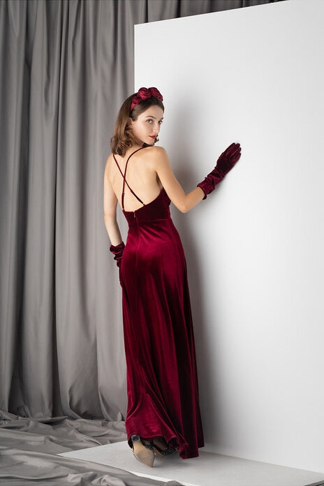 Sexy Straps Burgundy Velvet Dress