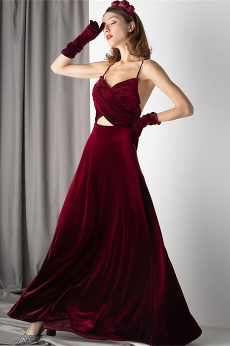 Sexy Straps Burgundy Velvet Dress