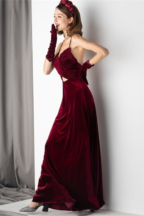 Sexy Straps Burgundy Velvet Dress