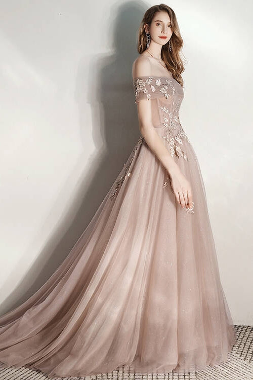 Shiny Champagne Tulle Long Evening Dress