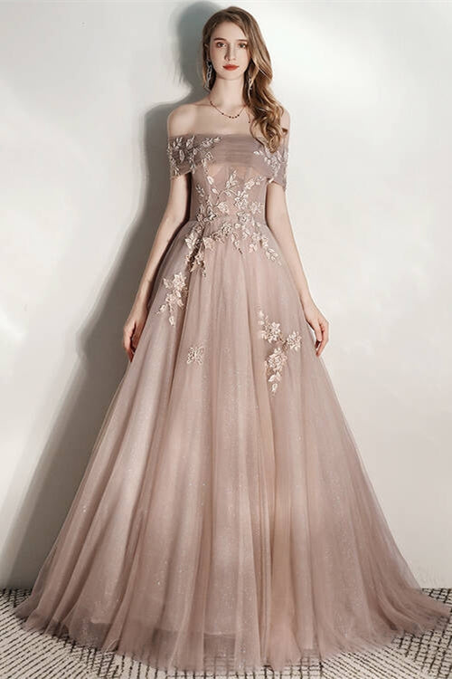 Shiny Champagne Tulle Long Evening Dress