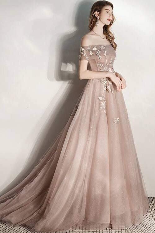 Shiny Champagne Tulle Long Evening Dress