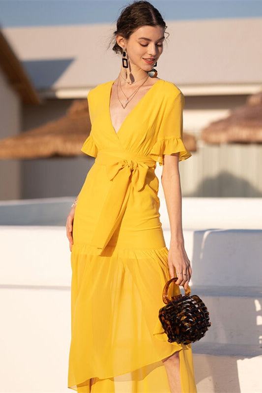 Short Sleeves Yellow Wrap Dress