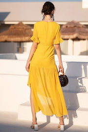 Short Sleeves Yellow Wrap Dress
