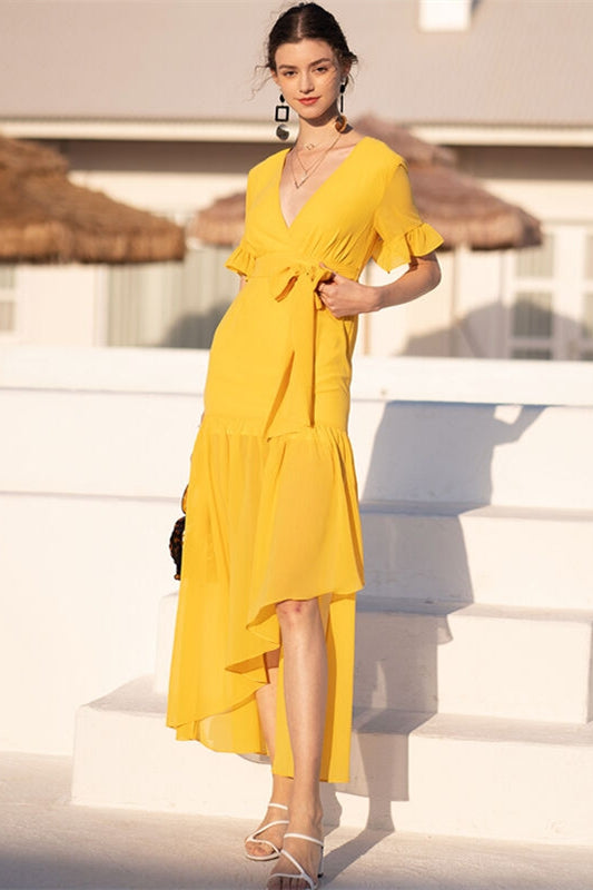 Short Sleeves Yellow Wrap Dress