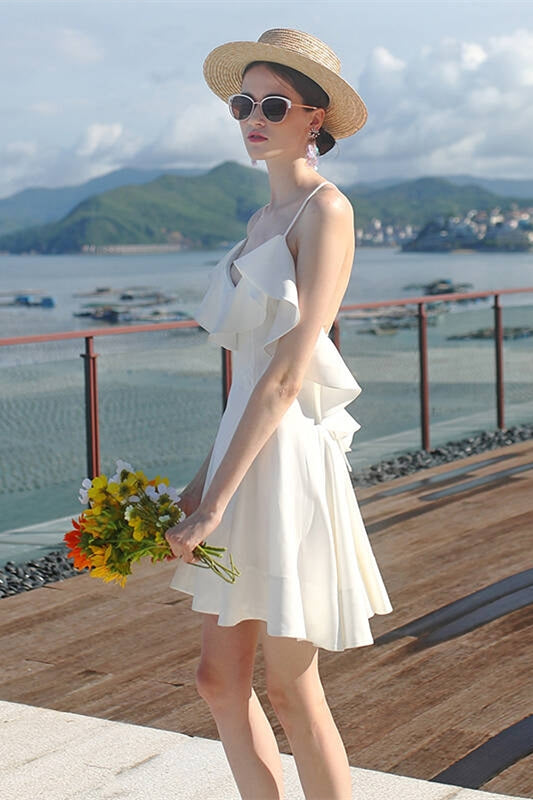 Short White Ruffled Summer Dress White / US 14