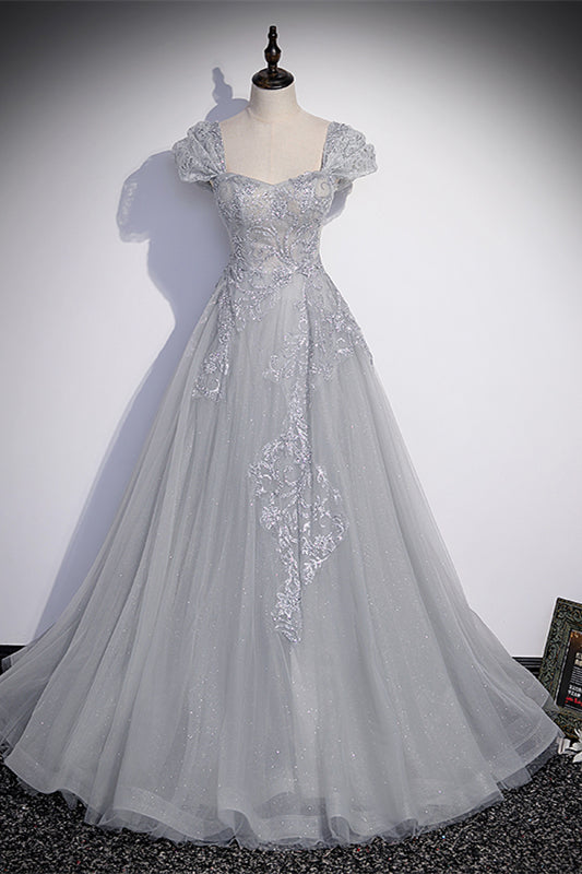 Grey Cap Sleeves Silver Sequins-Embroidered Long Formal Dress