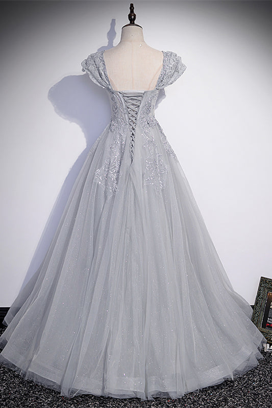 Grey Cap Sleeves Silver Sequins-Embroidered Long Formal Dress
