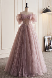 Dusty Pink Off-the-Shoulder Beaded Ruched Tulle Maxi Formal Dress