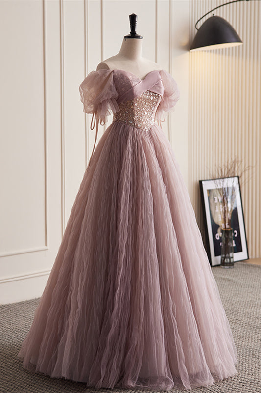 Dusty Pink Off-the-Shoulder Beaded Ruched Tulle Maxi Formal Dress | Joyofdress Dusty Pink Off-the-Shoulder Beaded Ruched Tulle Maxi Formal Dress | Joyofdress