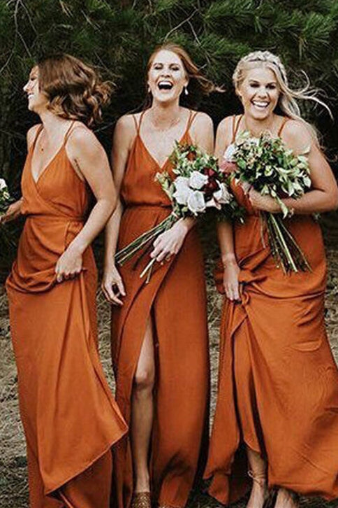 Rust Orange Wrap Bridesmaid Dress