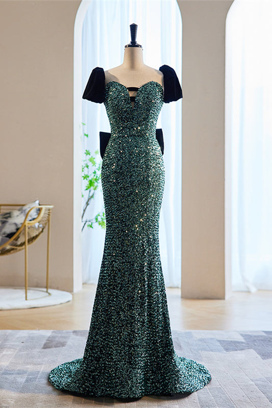 Hunter Green Mermaid Sequins Maxi Formal Dress with Bow
