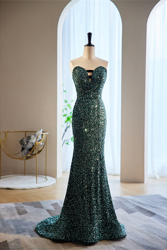 Hunter Green Mermaid Sequins Maxi Formal Dress with Bow