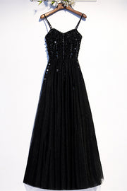 Black A-line Beaded Spaghetti Straps Knee Length Formal Dress