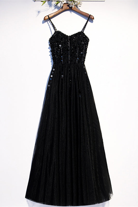 Black A-line Beaded Spaghetti Straps Knee Length Formal Dress