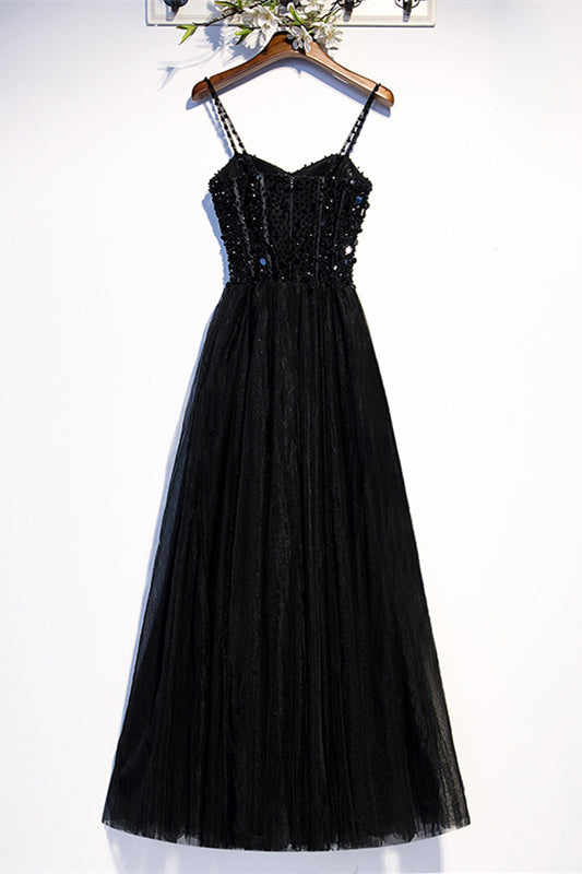 Black A-line Beaded Spaghetti Straps Knee Length Formal Dress