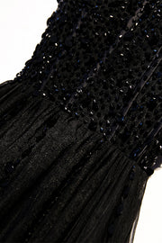 Black A-line Beaded Spaghetti Straps Knee Length Formal Dress