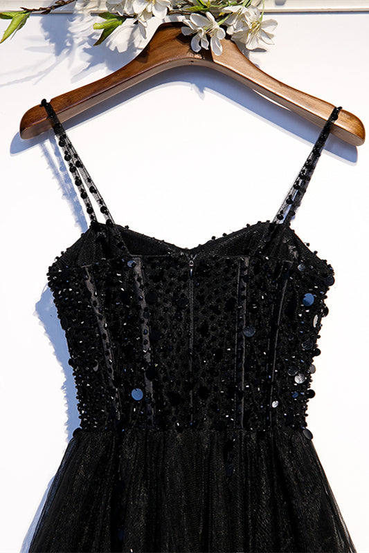 Black A-line Beaded Spaghetti Straps Knee Length Formal Dress