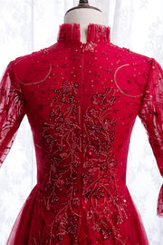 Red High Neck Long Sleeves Beading-Embroidered Long Formal Dress