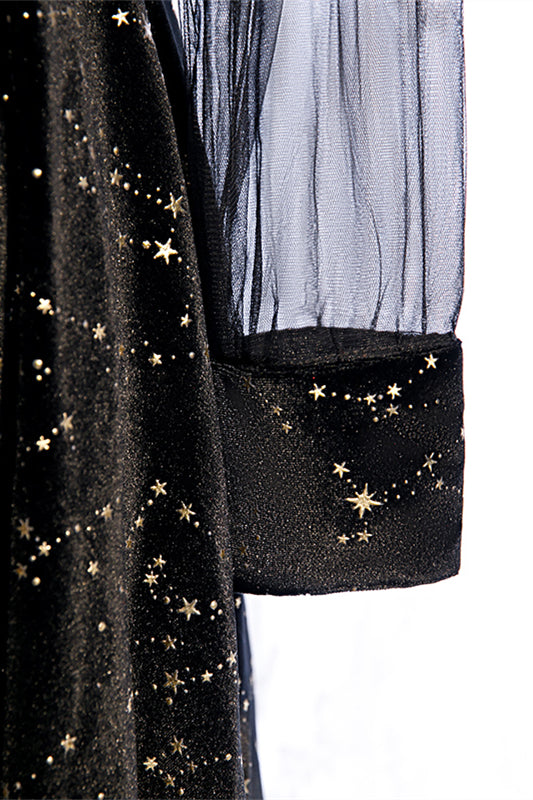 Black A-line Illusion Neck Long Sleeves Print Midi Formal Dress