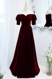 Burgundy Off-the-Shoulder Sleeves Velvet Maxi Formal Dress