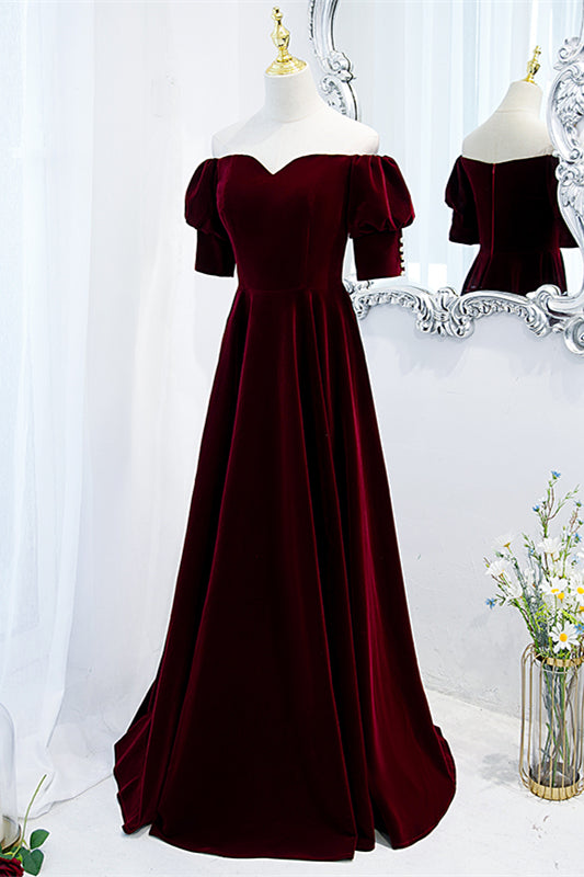 Burgundy Off-the-Shoulder Sleeves Velvet Maxi Formal Dress