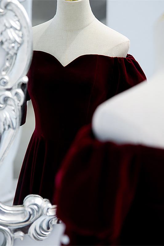 Burgundy Off-the-Shoulder Sleeves Velvet Maxi Formal Dress