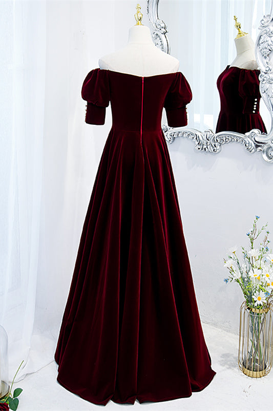 Burgundy Off-the-Shoulder Sleeves Velvet Maxi Formal Dress