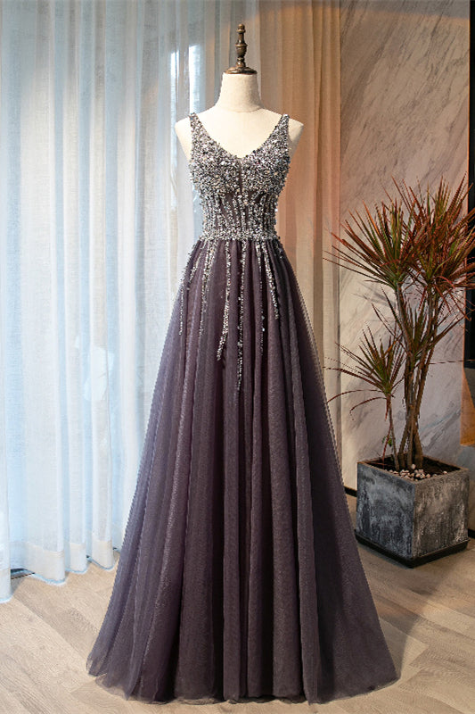 Dusty Purple A-line Sequins-Embroidered Long Formal Dress