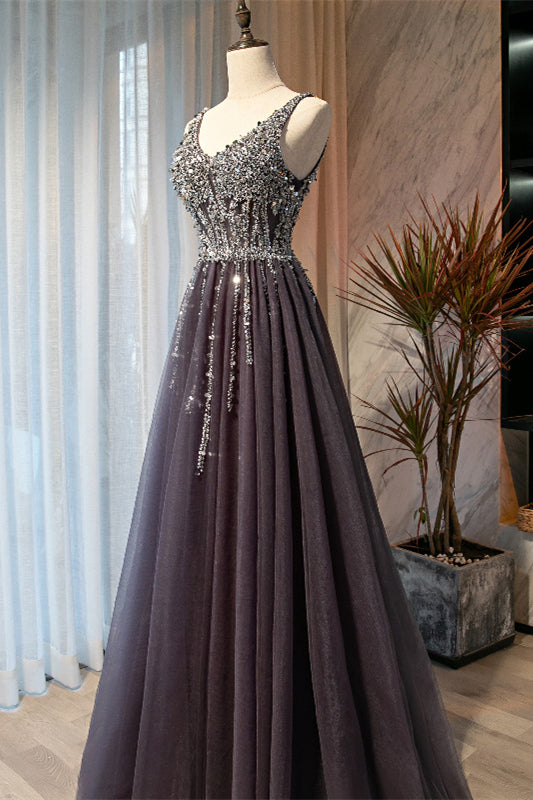 Dusty Purple A-line Sequins-Embroidered Long Formal Dress