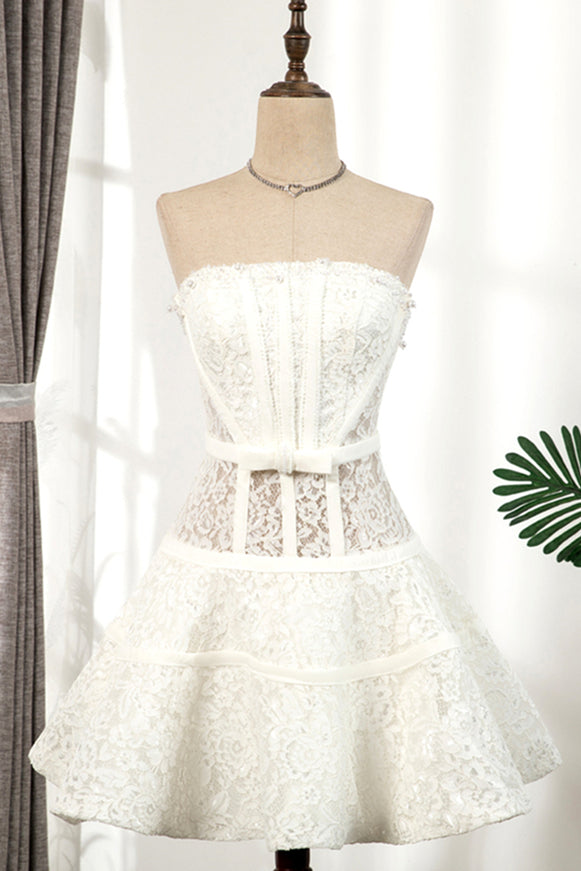 Ivory Strapless Pearl Beaded Lace Homecoming Dress with Bow